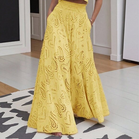 Yellow Elegant Women's Floral Hollow Out Full Embroidery A-Line Maxi Skirt
